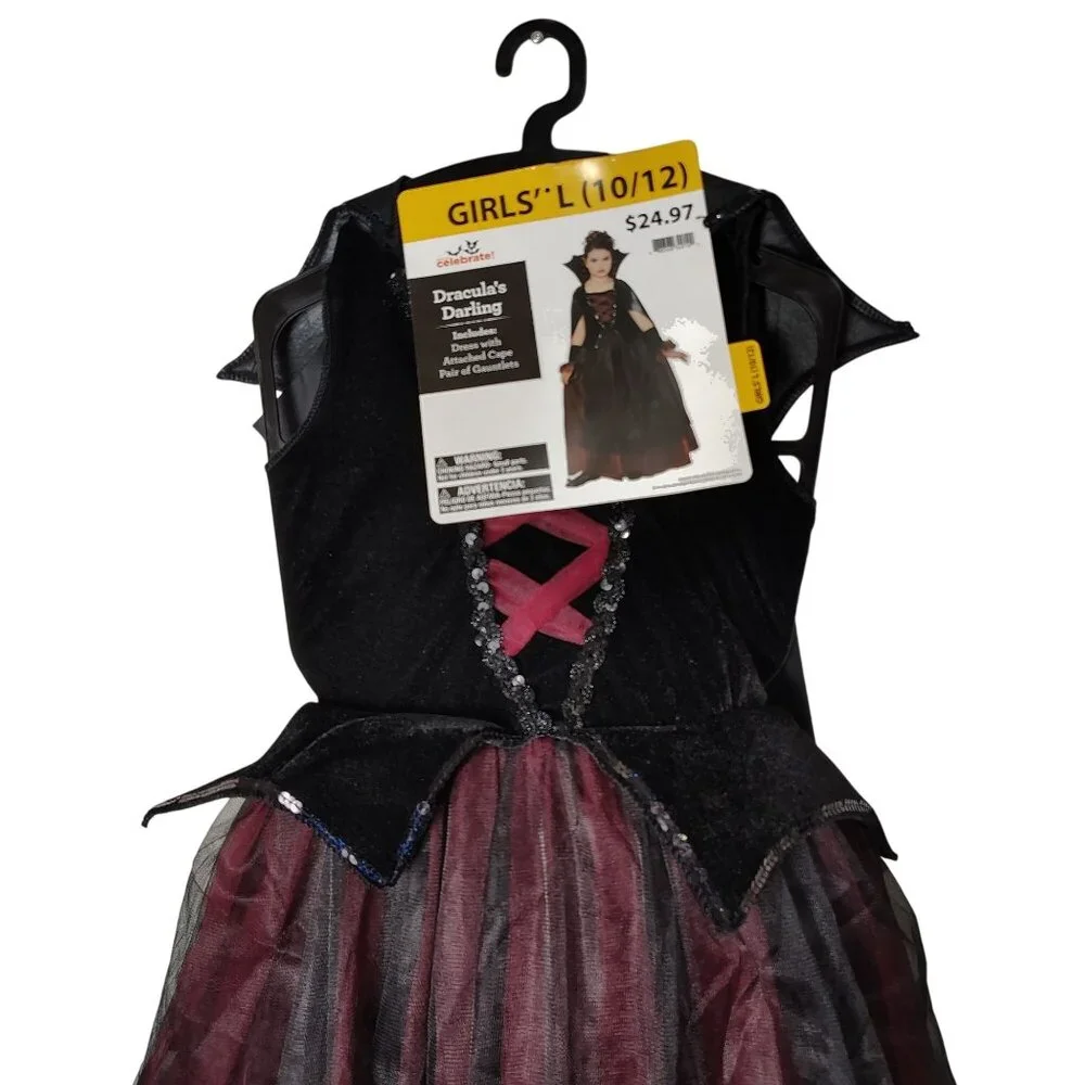 Girls L (10/12) Draculas Darling Dress With Cape Vampire Halloween Costume